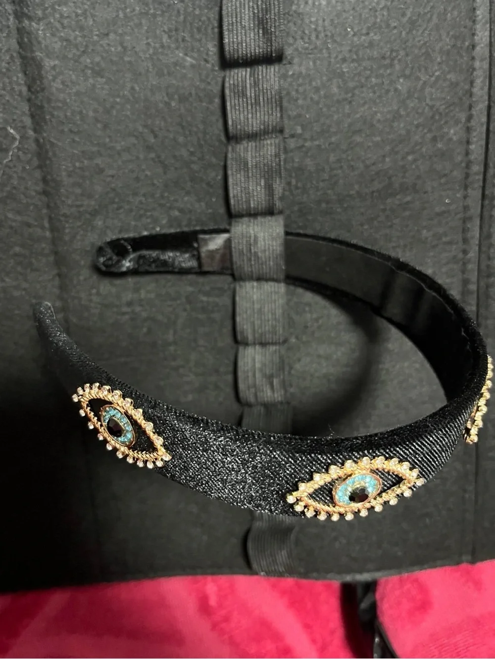 Black m Headband with Gold and Turquoise Evil Eye Embellishments